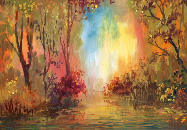 ilustraciones, imágenes clip art, dibujos animados e iconos de stock de acuarela paisaje otoño - paintings landscape paint acrylic painting