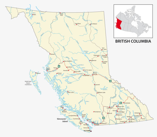 ilustraciones, imágenes clip art, dibujos animados e iconos de stock de mapa de carreteras de la provincia canadiense de columbia británica. - alberta map canada cartography