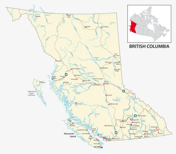 Vector illustration of Road map of the Canadian province of British Columbia.