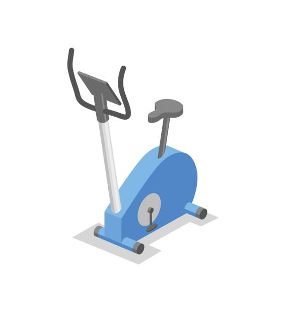spin-bike, training vorrichtung für das fitness-studio. fitness geräte isometrischen abbildung. bunte flache vektor-illustration. isoliert auf weißem hintergrund. - spinning-bike stock-grafiken, -clipart, -cartoons und -symbole