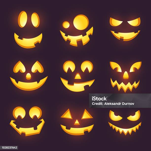 Vector Spooky Glowing Face Isolated On Dark Background Halloween Pumpkin Carving Faces Set Funny And Scary Eyes And Mouth Emojis For Your Celebration Design Eps 10 Stock Illustration - Download Image Now