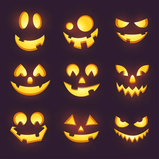 Vector illustration of Vector spooky glowing face isolated on dark background. Halloween pumpkin carving faces set. Funny and scary eyes and mouth. Emojis for your celebration design. Eps 10.