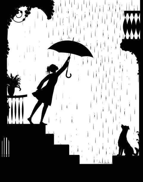 Vector illustration of walk in rain, Girl opens the umbrella and go for a walk and gog waiting for her, my friend dog,
