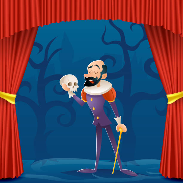 Actor man medieval suit tragic theater curtains stage cartoon character design vector illustration Actor man medieval suit tragic curtains theater stage cartoon character design vector illustration william shakespeare stock illustrations