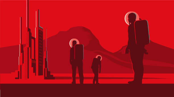 Space City Alien landscape with FuturisticCity astronaut silhouettes stock illustrations