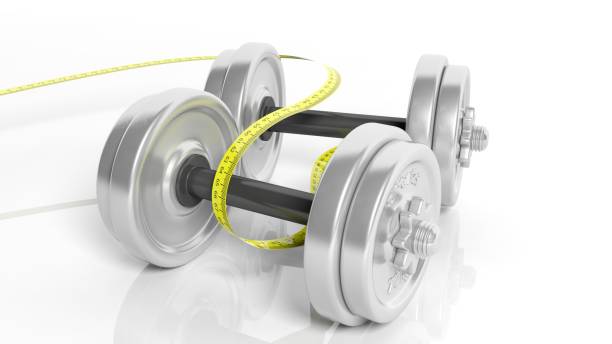 istock 3D rendering of adjustable metallic dumbbells with measuring tape, isolated on white background. 1028267784