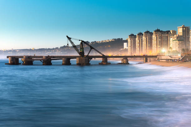 View of Muelle Vergara at dusk in Viña del Mar, View of Muelle Vergara at dusk, Viña del Mar, V Region de Valparaiso, Chile vina del mar chile stock pictures, royalty-free photos & images