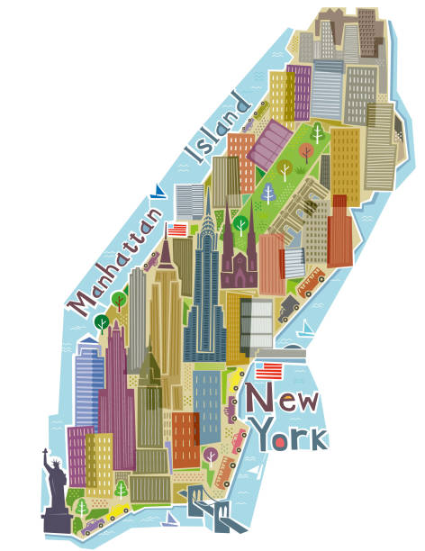 Hand drawn New York illustration An illustrative map of Manhattan Island. lower manhattan stock illustrations