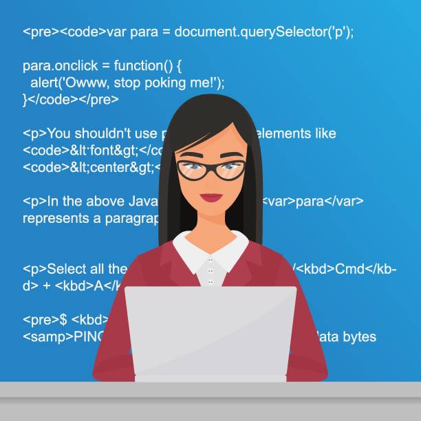 Young pretty woman programmer sitting at the desktop and working on the laptop. Coder codding flat vector illustration concept. Young pretty woman programmer sitting at the desktop and working on the laptop. Coder codding flat vector illustration concept. girls coding stock illustrations