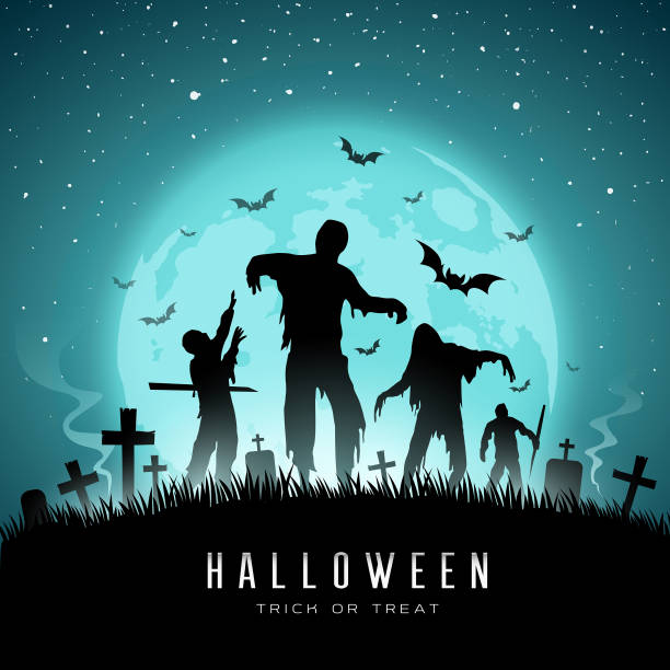 Happy Halloween Zombies et bat sur la pleine lune - Illustration vectorielle