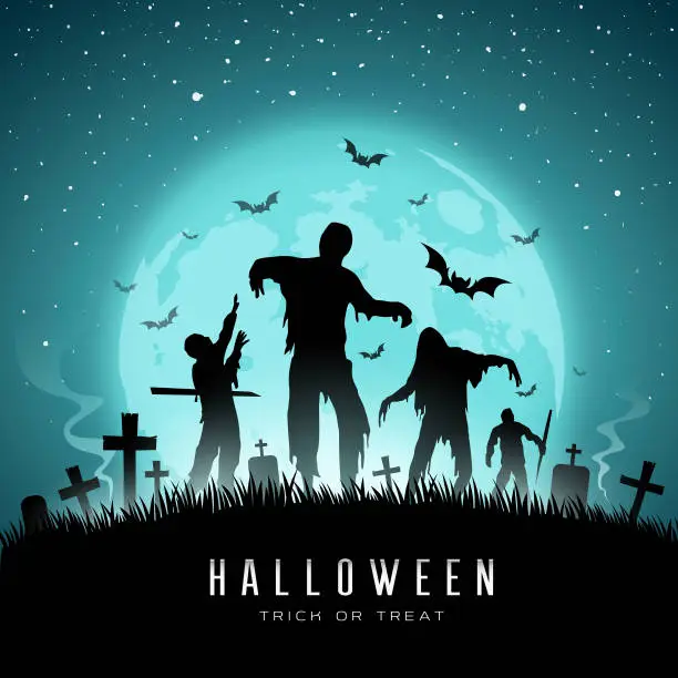 Vector illustration of Happy Halloween Zombies and bat on full moon