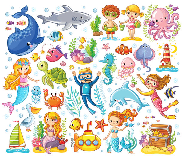 vektor zu einem meer-thema in ein kinder stil festgelegt. - starfish underwater sea fish stock-grafiken, -clipart, -cartoons und -symbole