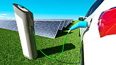 istock Electric car gets its batteries charged by solar energy collected by solar panels 1028280880