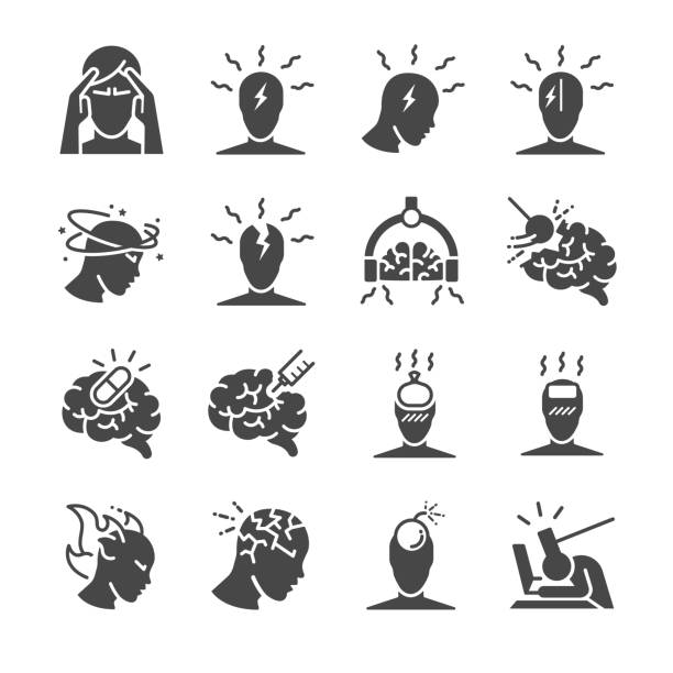 stockillustraties, clipart, cartoons en iconen met hoofdpijn pictogramserie. opgenomen van de pictogrammen als spanning hoofdpijn, clusterhoofdpijn, migraine, symptoom van de hersenen en meer - stress