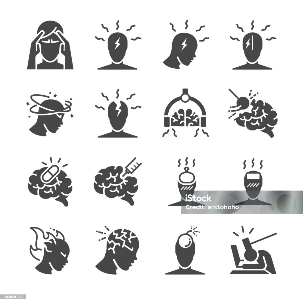 Headache icon set. Included the icons as Tension headaches, Cluster headaches, Migraine, brain symptom and more Icon Symbol stock vector