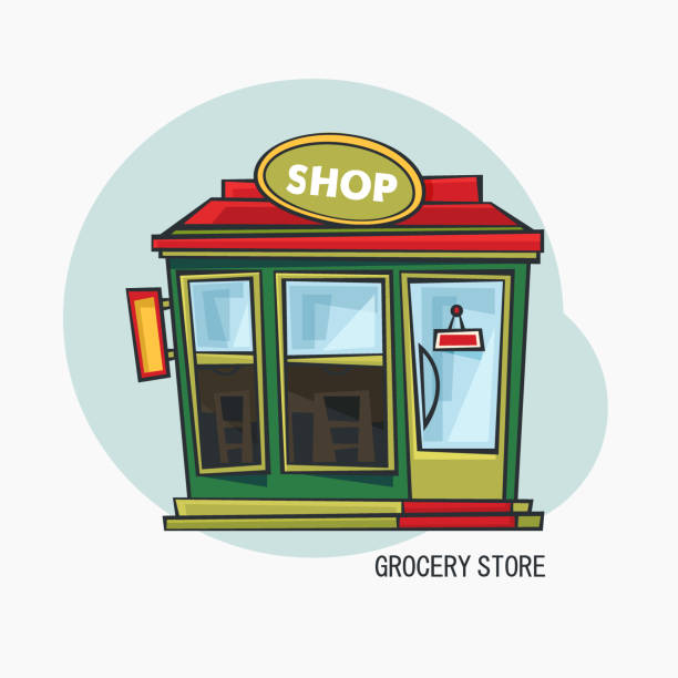 illustrations, cliparts, dessins animés et icônes de épicerie ou magasin avec vue de l’extérieur vitrine - bâtiment vu de lextérieur illustrations