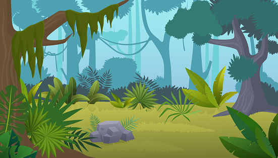 Vector cartoon empty tropical rainforest Jungle background