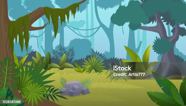 Vector Cartoon Empty Tropical Rainforest Jungle Background Stock Illustration - Download Image Now