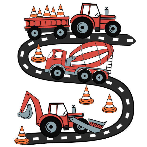 prints with red tractor and concrete mixer vector art illustration