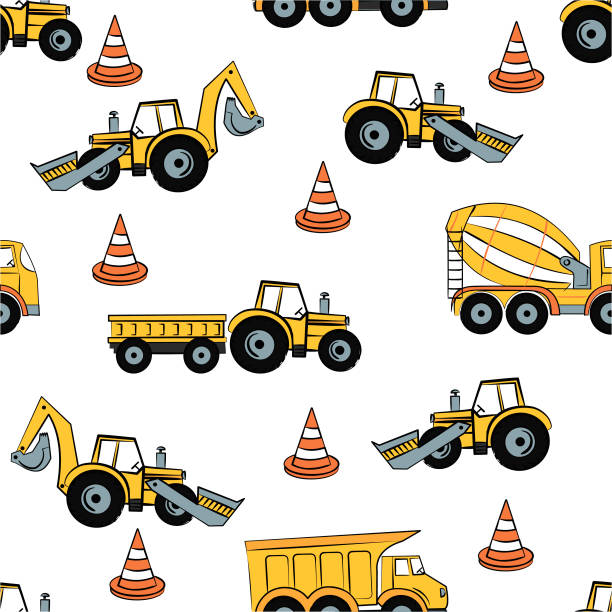 seamless pattern yellow tractors vector art illustration