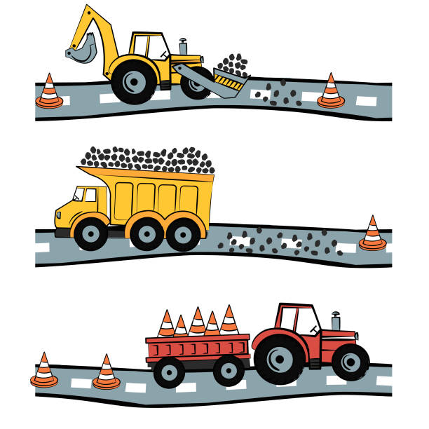 Print with tractor and bulldozer vector art illustration