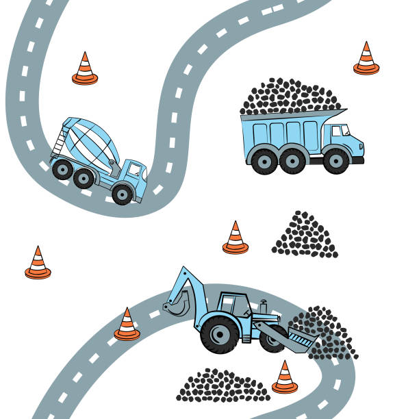seamless pattern with blue car and tractor vector art illustration