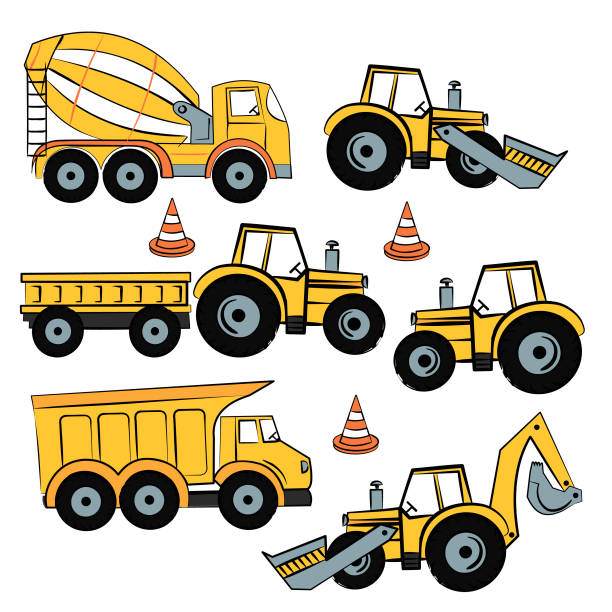 Heavy industrial machinery vector set, construction vehicles vector art illustration