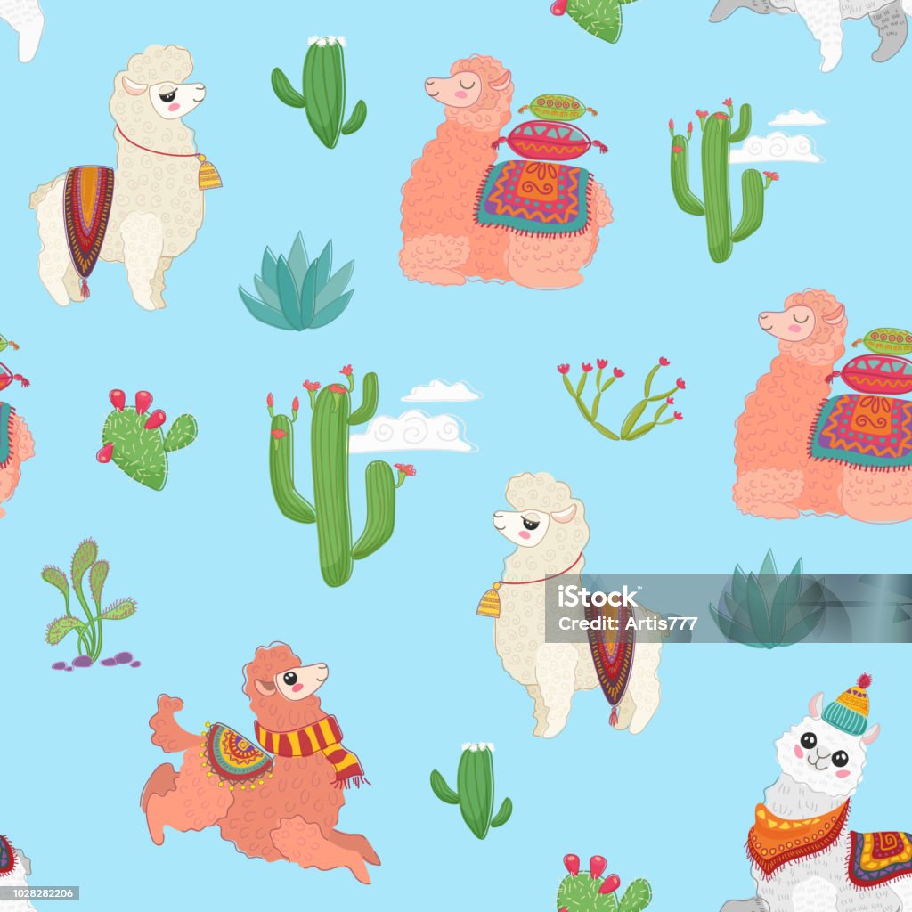 Hand drawn vector seamless pattern with cute lama alpaca, cactus and other plant herbs. Hand drawn seamless pattern with cute lama alpaca, cactus and other plant herbs Abstract stock vector