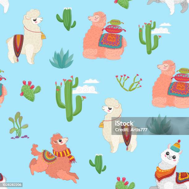 Hand Drawn Vector Seamless Pattern With Cute Lama Alpaca Cactus And Other Plant Herbs Stock Illustration - Download Image Now