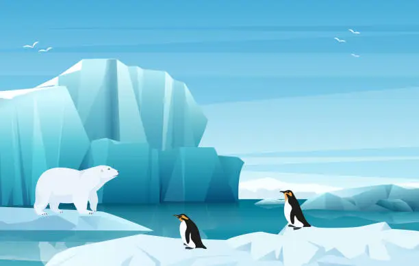 Vector illustration of Cartoon nature winter arctic landscape with ice mountains. White Bear and penguins. Vector game style illustration.