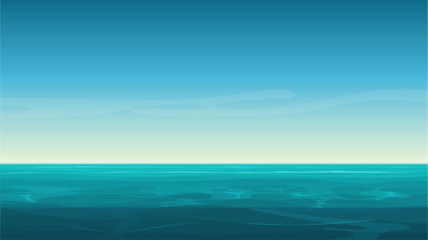 illustrations, cliparts, dessins animés et icônes de vecteur caricature clair océan mer arrière-plan avec un ciel bleu vide. - ciel ocean