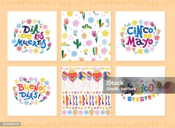 Vector Collection Of Cards With Traditional Decoration For Mexico Party Carnival Celebration Souvenirs Fiesta Event In Flat Hand Drawn Style Stock Illustration - Download Image Now