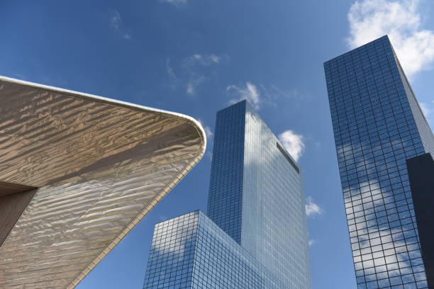 finance and business buildings with clear blue sky