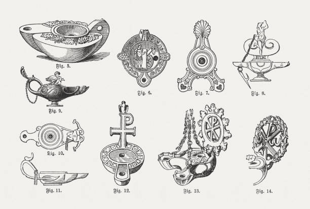 Various forms of antique oil lamps, wood engravings, published 1897 Various forms of antique oil lamps: 5) Greek clay lamp; 6) Roman clay lamp; 7 - 11) Roman bronze lamps; 12 - 14) Early christian lamps. Wood engravings, published in 1897. clay oil lamp stock illustrations