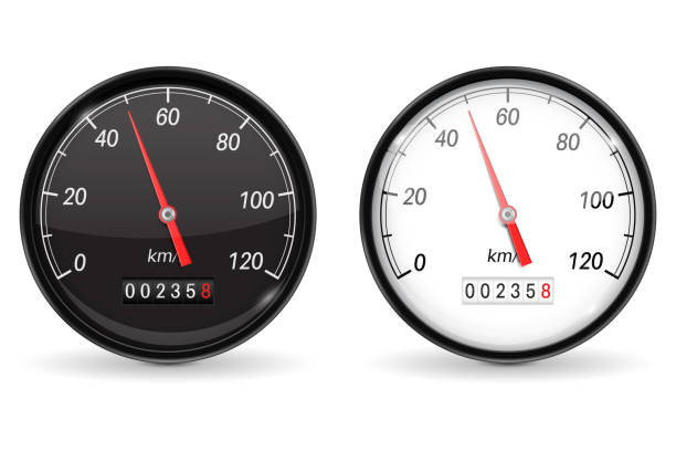 istock Speedometer. Black and white speed gauge with metal frame. 50 km per hour 1028301116