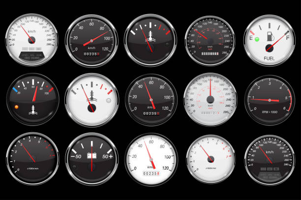 ilustrações de stock, clip art, desenhos animados e ícones de car dashboard gauges. collection of speed, fuel, temperature devices on black background - speedometer odometer dial speed