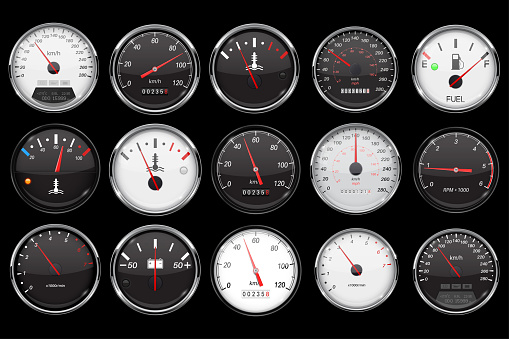 Car dashboard gauges. Collection of speed, fuel, temperature devices on black background. Vector 3d illustration