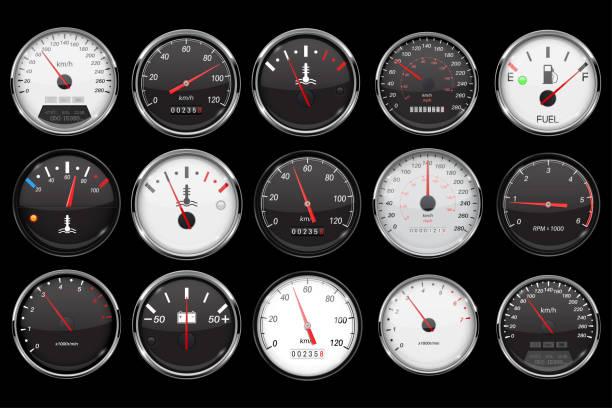 Car dashboard gauges. Collection of speed, fuel, temperature devices on black background Car dashboard gauges. Collection of speed, fuel, temperature devices on black background. Vector 3d illustration speedometer stock illustrations