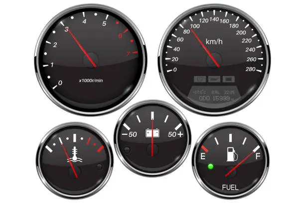 Vector illustration of Car dashboard 3d gauges. Speedometer, tachometer, fuel gauge, temperature and accumulator charge device