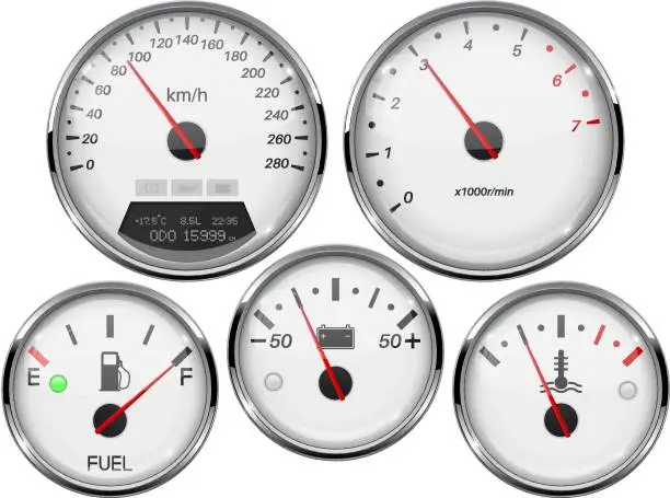 Vector illustration of Car dashboard 3d gauges. Speedometer, tachometer, fuel gauge, temperature and accumulator charge device