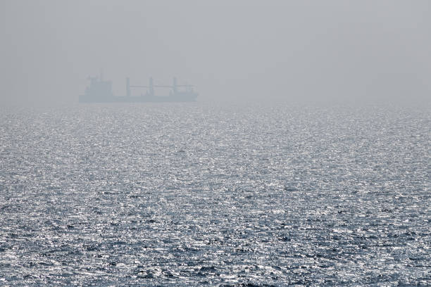 istock Lonely cargo ship. Fog and mist in infinite, endless ocean 1028310474