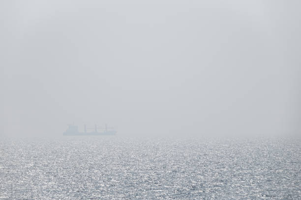 istock Lonely cargo ship. Fog and mist in infinite, endless ocean 1028315532