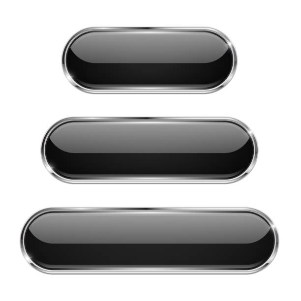 ilustrações, clipart, desenhos animados e ícones de vidro preto botões 3d com moldura cromada. ícones ovais - ellipse interface icons shiny glass