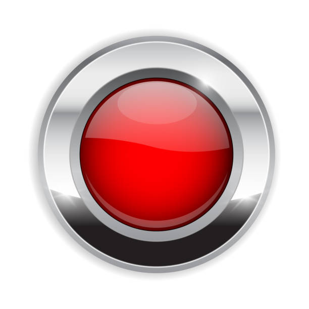 istock Red round button. Glass 3d shiny icon with wide metal frame 1028319136