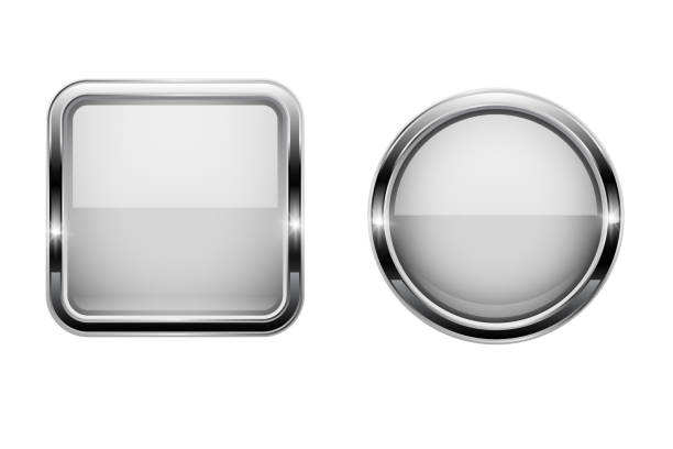 istock White buttons with chrome frame. Round and square glass shiny 3d icons 1028319176