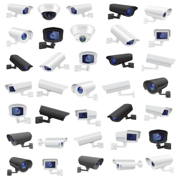 камера видеонаблюдения. большая коллекция черно-белых устройств наблюдения - камера слежения иллюстрации stock illustrations