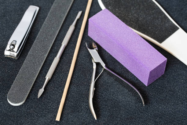 Manicure implements close up on a terrycloth towel