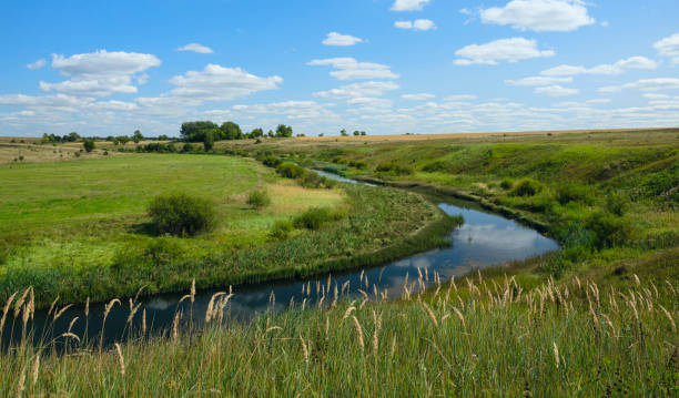 istock Sunny summer landscape with river,fields,green hills and beautiful clouds in blue sky.River Upa in Tula region,Russia. 1028352168