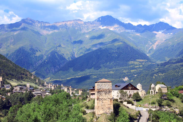 istock Ancient stone Svanetian towers, Mestia, Georgia 1028355352