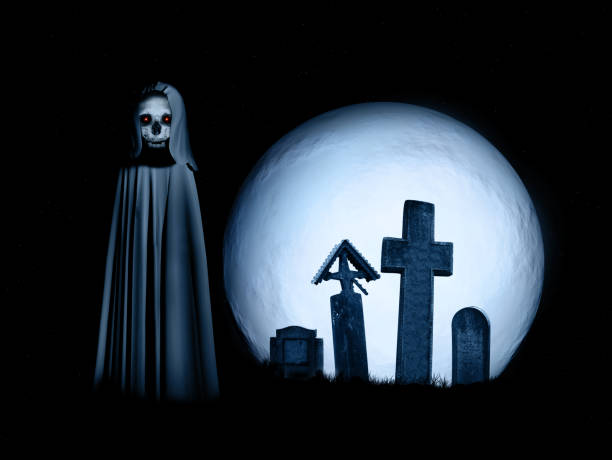 istock Halloween scenery with spooky death, full moon and cemetery 1028355738